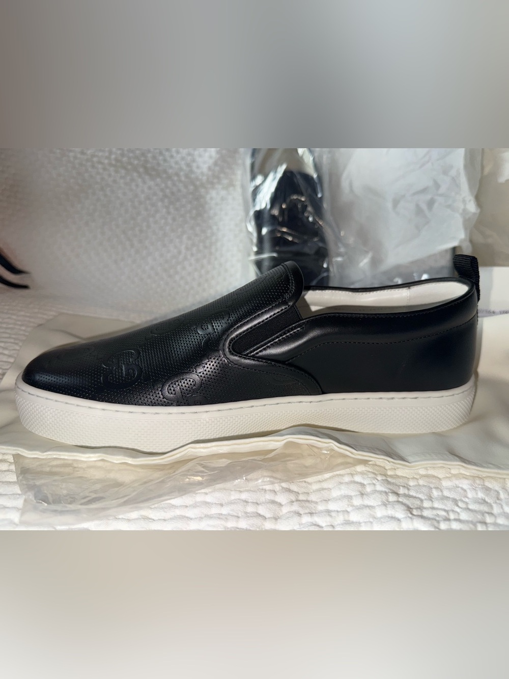 Gucci Black Perforated Leather Slip-On Sneakers with White Sole